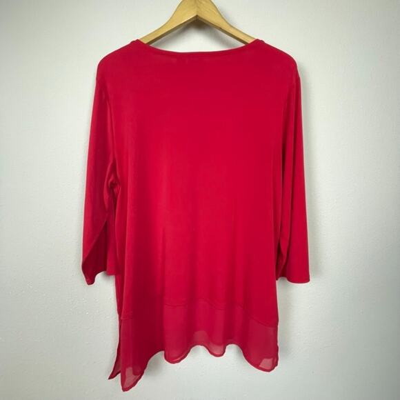 Chico’s Red Tunic Top Size XL (3) Jersey Knit 3/4 Sleeve Chiffon Hem Mixed Media - Picture 7 of 7